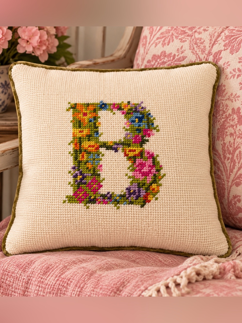 Floral cross-stitch embroidered monogram pillow. Cream & green